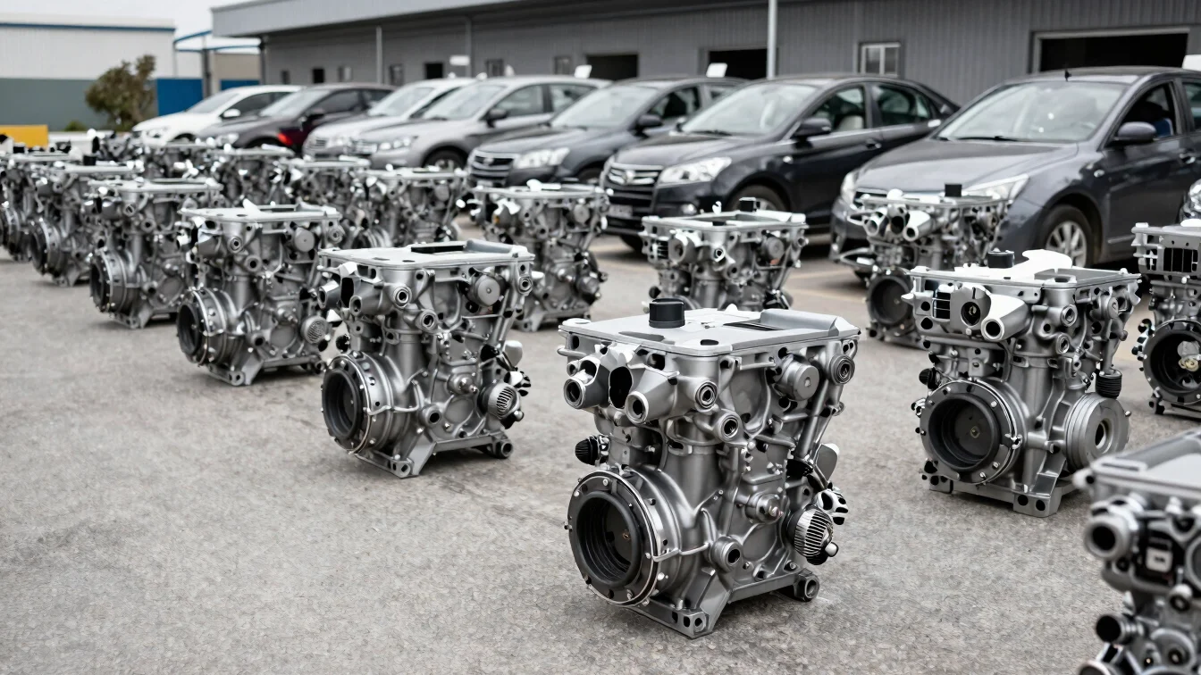 Piezas automotrices de motor organizadas por tipo sobre una super